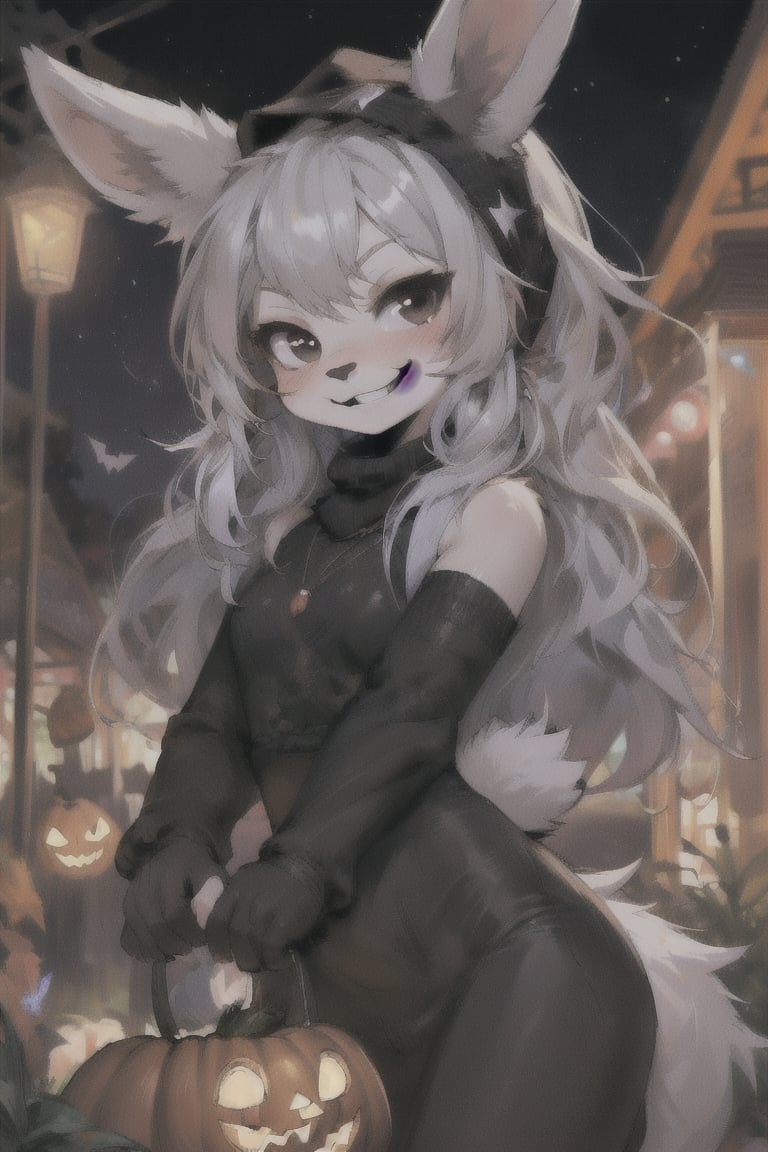 1girl, cute, rabbit furry, rabbit girl,  kemono, chibi, loli. black eyes, smirking, grinning, naughty face, bunny nose. goth girl, wearing black clothes, black head covering, hair covered, black rabbit ears, short white flufy rabbit tail. village square at halloween, pumpkins, jack-o-lantern. 