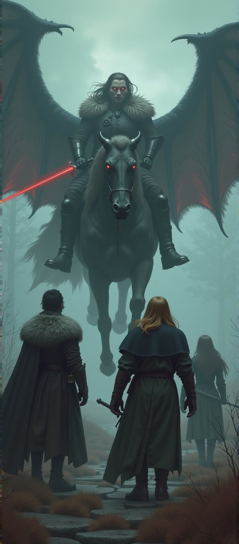 In the eerie fog-shrouded landscape of Barovia,  3 men (a dashing young noble with his golden hair tousled and his rapier...