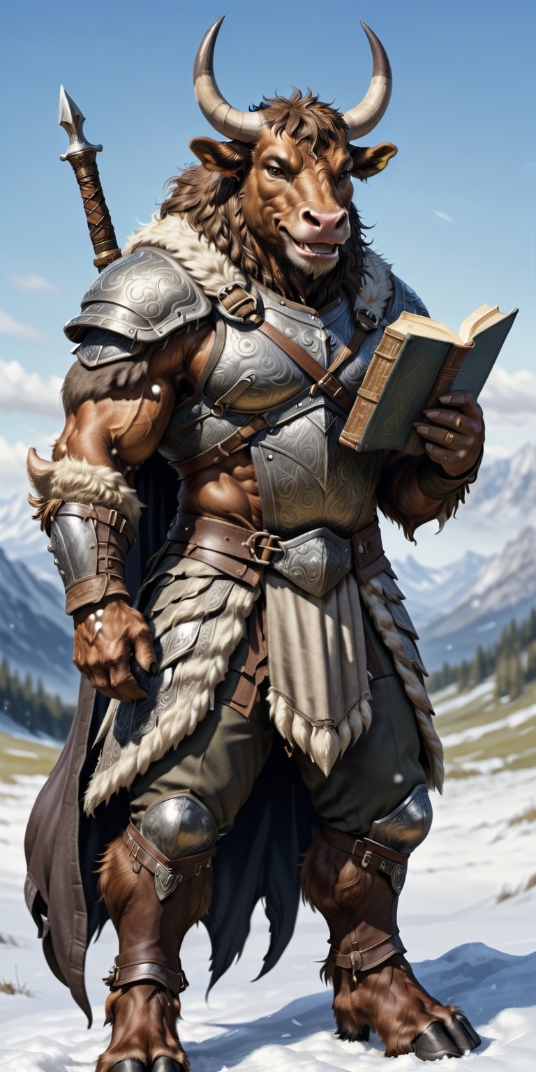 Create a semirealistic image of a minotaur, a giant muscular male bull head and furred beastfolk with cloven hooves and a long cow-like tail. furry hands, cloven hooves, cow tail. (grinning, smiling, happy expression, friendly, big grin,open mouth, teeth, cheesy grin:1.1). 
break
wearing breastplate, chest armour platemail, cloak, closed shirt, padded jacket, tunic, trousers, chainmail, winter clothing, furry cape, goggles, large backpack.
break
Full body shot. standing in a field of snow. holding a quill, (holding a large book:1.2), sword on back, sword hilt visible over shoulder.