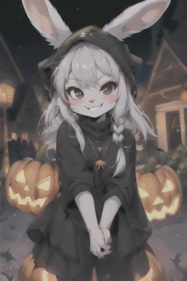 1girl, cute, rabbit furry, rabbit girl,  kemono, chibi, loli. black eyes, smirking, grinning, naughty face, bunny nose. goth girl, wearing black clothes, black head covering, hair covered, black rabbit ears, small white flufy rabbit tail. village square at halloween, pumpkins, jack-o-lantern. 