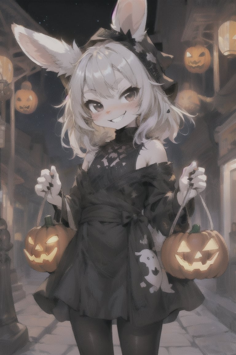 1girl, cute, rabbit furry, rabbit girl,  kemono, chibi, loli. black eyes, smirking, grinning, naughty face, bunny nose. goth girl, wearing black clothes, black head covering, hair covered, black rabbit ears, small white flufy rabbit tail. village square at halloween, pumpkins, jack-o-lantern. 