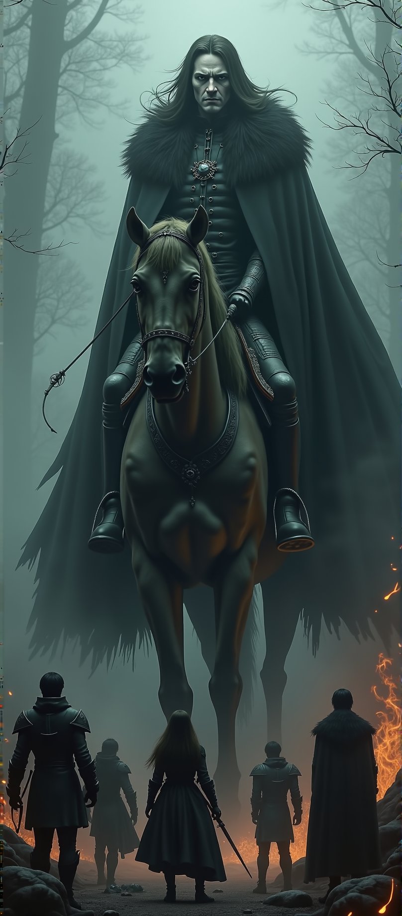 In the eerie fog-shrouded landscape of Barovia,  five men - a dashing young noble with his golden hair tousled and rapier...