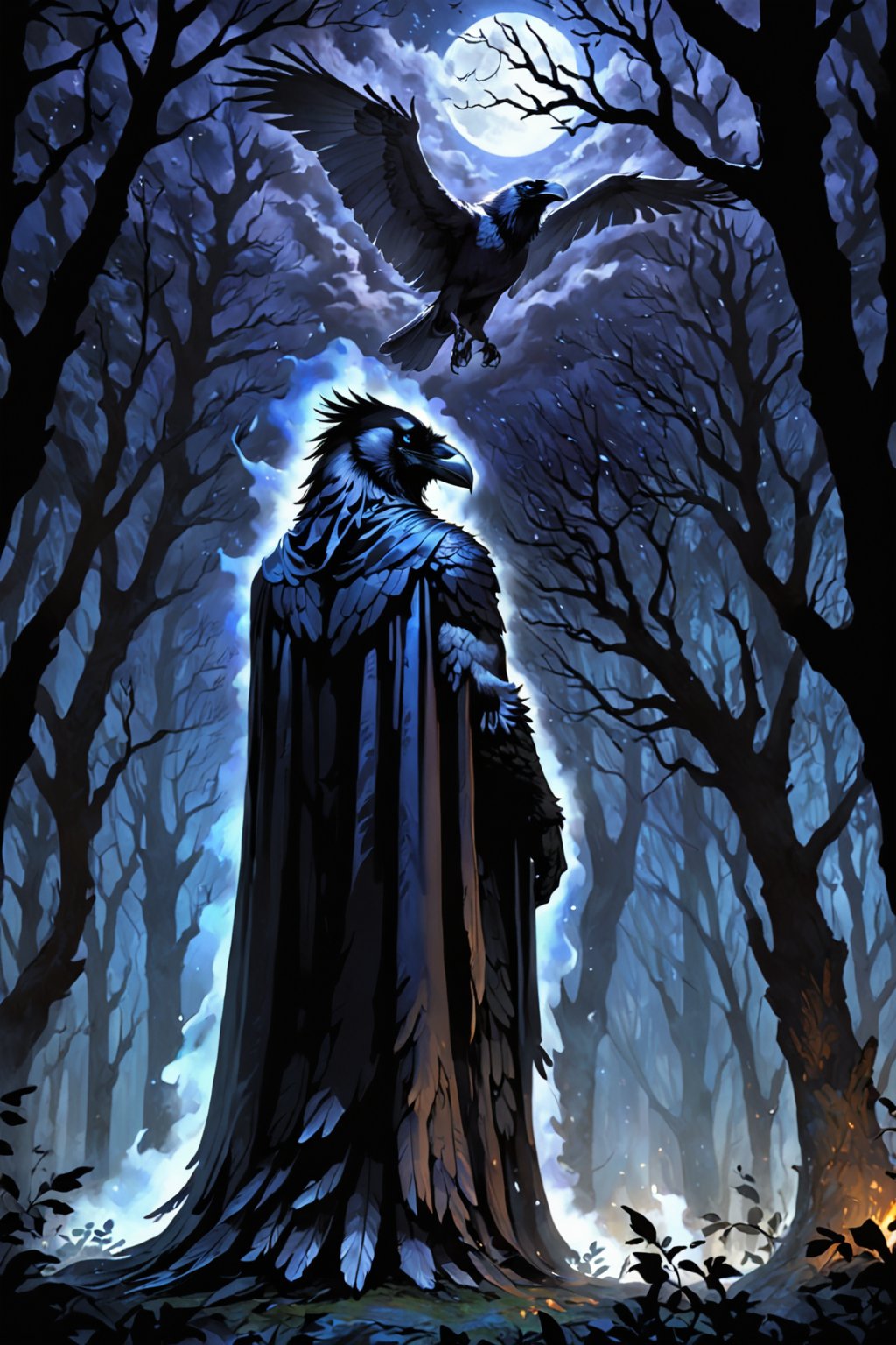 Score_9, Score_9_up,  score_8_up,  score_7_up, score_6_up, score_5_up, A majestic half-man, half-raven creature stands tall in a dark forest at night. The camera zooms in on its face, sharp focus revealing piercing bright blue eyes that seem to glow with an otherworldly intensity. Its raven-headed features are set in a determined expression, with sharp jawline and prominent cheekbones. A flowing black cloak billows behind it like a dark cloud. In the background, twisted tree branches loom large under the moonlight. Black wings sprout from its back, covered in high-detail black feathers that appear as soft as silk. Strong arms end in razor-sharp talons. The subject's grey feather beard catches the faint light, adding an air of mystique to its already formidable presence. SUPERQUALITY, black beak, (grey hair:0.7), black body, black fur, body feathers, body fur, black fur, black feathers, talons, male, masculine, ravens