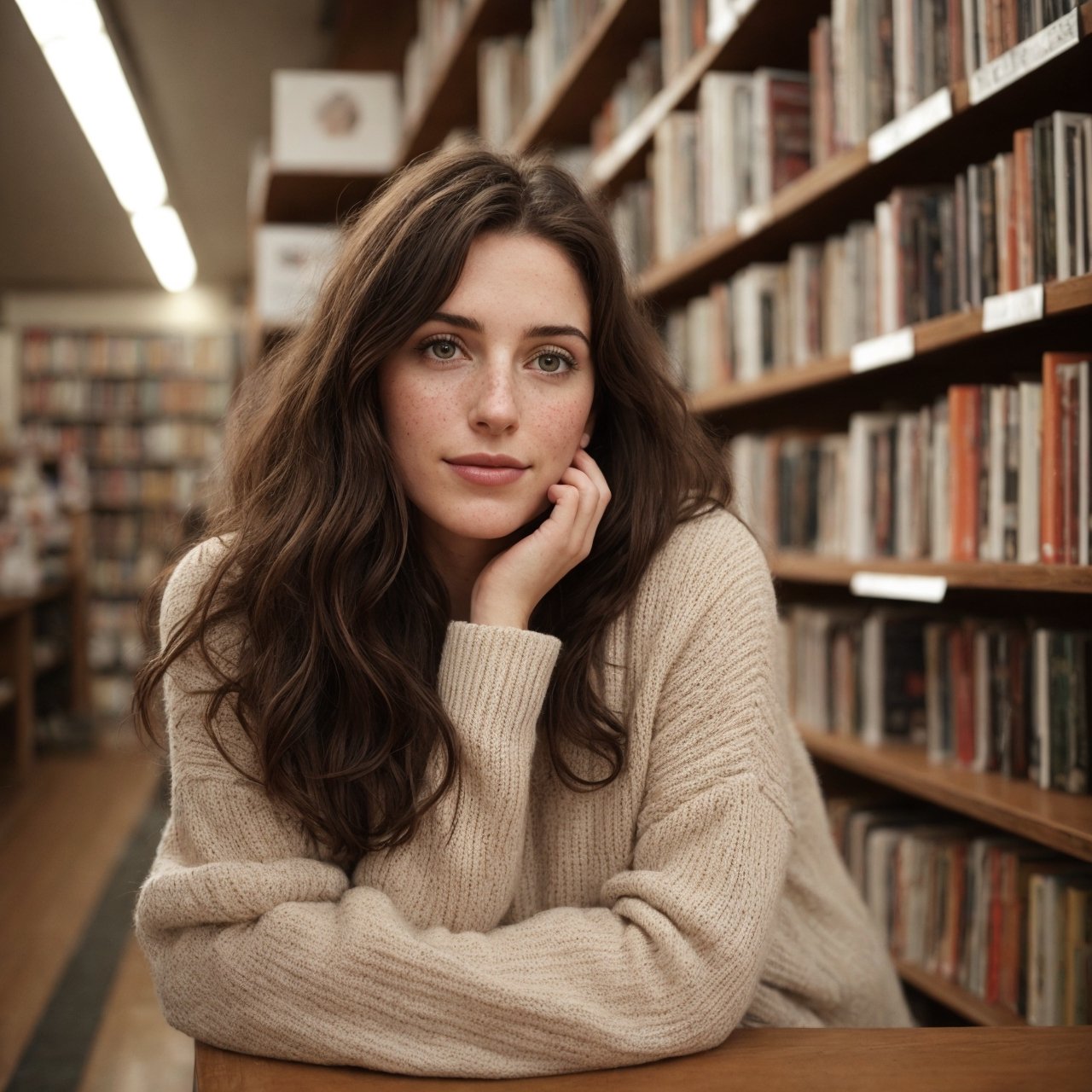 natural pose, i want a casual image in the style that the new generation is now drawn to, backgrounds should be random like you might see in everyday life but christmas themed, photo, full-length picture, dramatic lighting, medium hair, detailed face, detailed nose, woman wearing something cozy in a warm light and cozy book store looking for her next adventure, freckles, smirk, realism, realistic, raw, analog, woman, photorealistic, analog ,realism