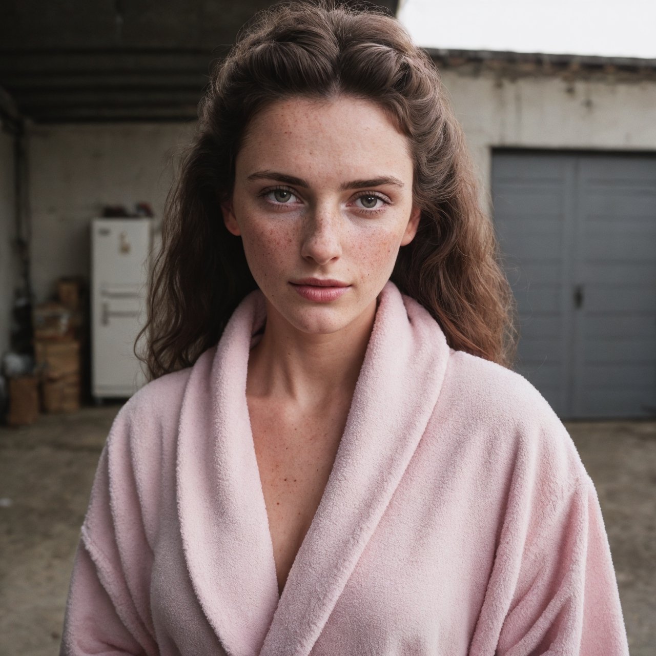 make the background look like a garage with a lot of tools and cabinets in the back, some screws lying around, a barely visible volkswagen car beeing parked in the garage, less lighting, medium hair, detailed face, detailed nose, woman wearing a baby pink bathrobe, standing and looking into the camera as if you caught here in the moment, freckles, smirk, realism, realistic, raw, analog, woman, portrait, photorealistic, analog ,realism