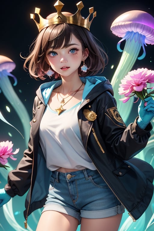 pretty girl, with light blue eyes, brown right hair and black left half, gold material necklace in the shape of a jellyfish, gold star-shaped earrings, crown of carnations, loose black jacket with light blue hood, brown shorts, white t-shirt with design carnation, blue gloves with light blue gradient, background of red lilies, background with jellyfish