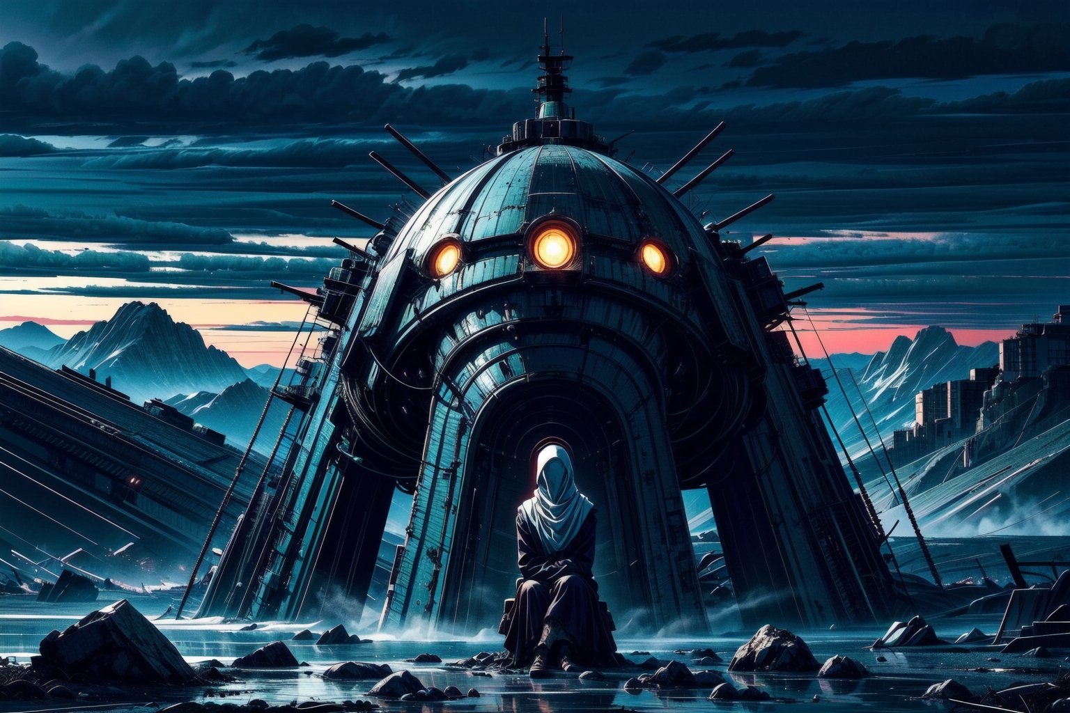 A desolate and dreary landscape,  engulfed in a perpetual twilight that seems to drain all color from the world. The sky i...