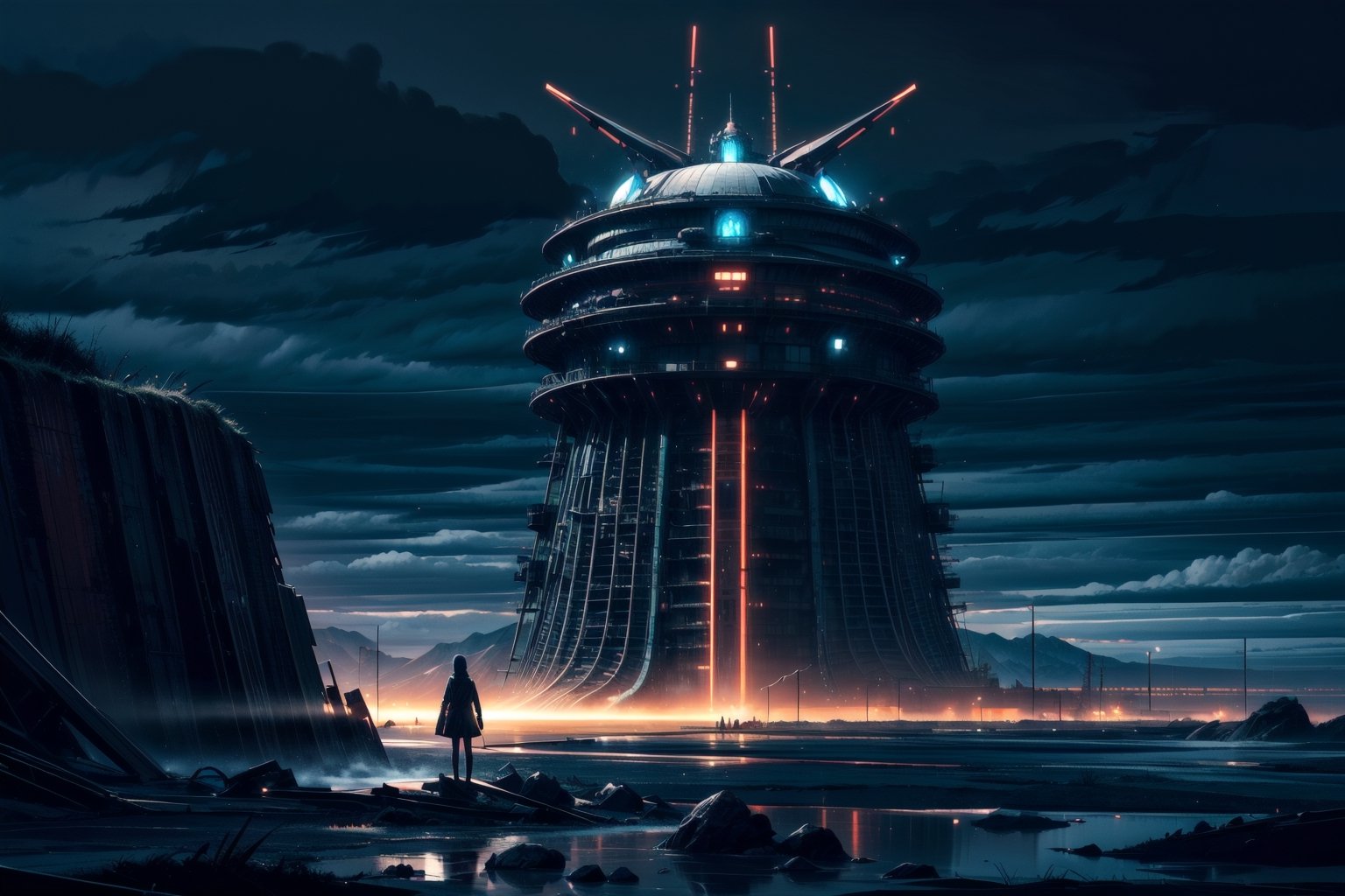A desolate and dreary landscape,  engulfed in a perpetual twilight that seems to drain all color from the world. The sky i...