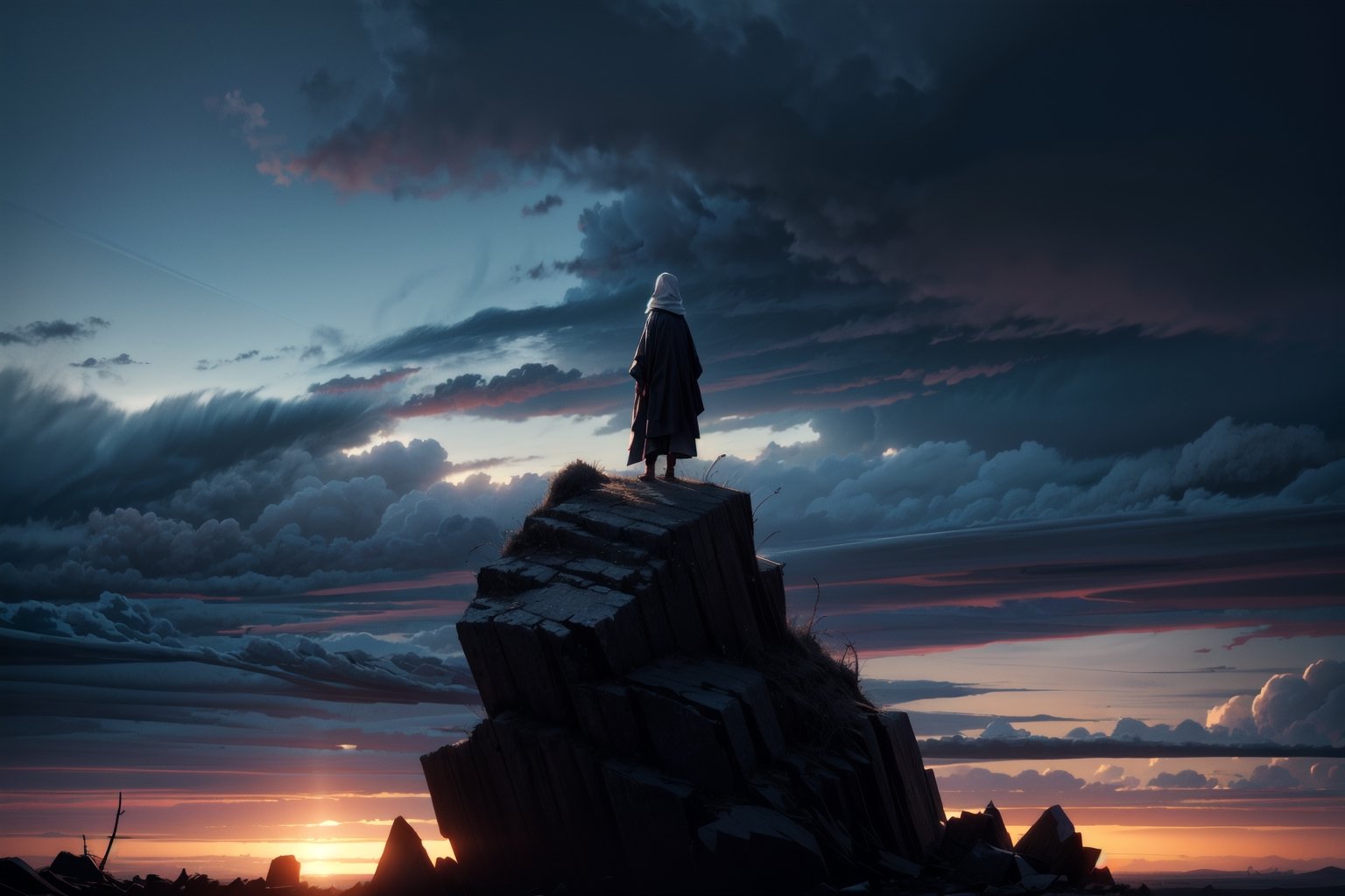 A desolate and dreary landscape,  engulfed in a perpetual twilight that seems to drain all color from the world. The sky i...