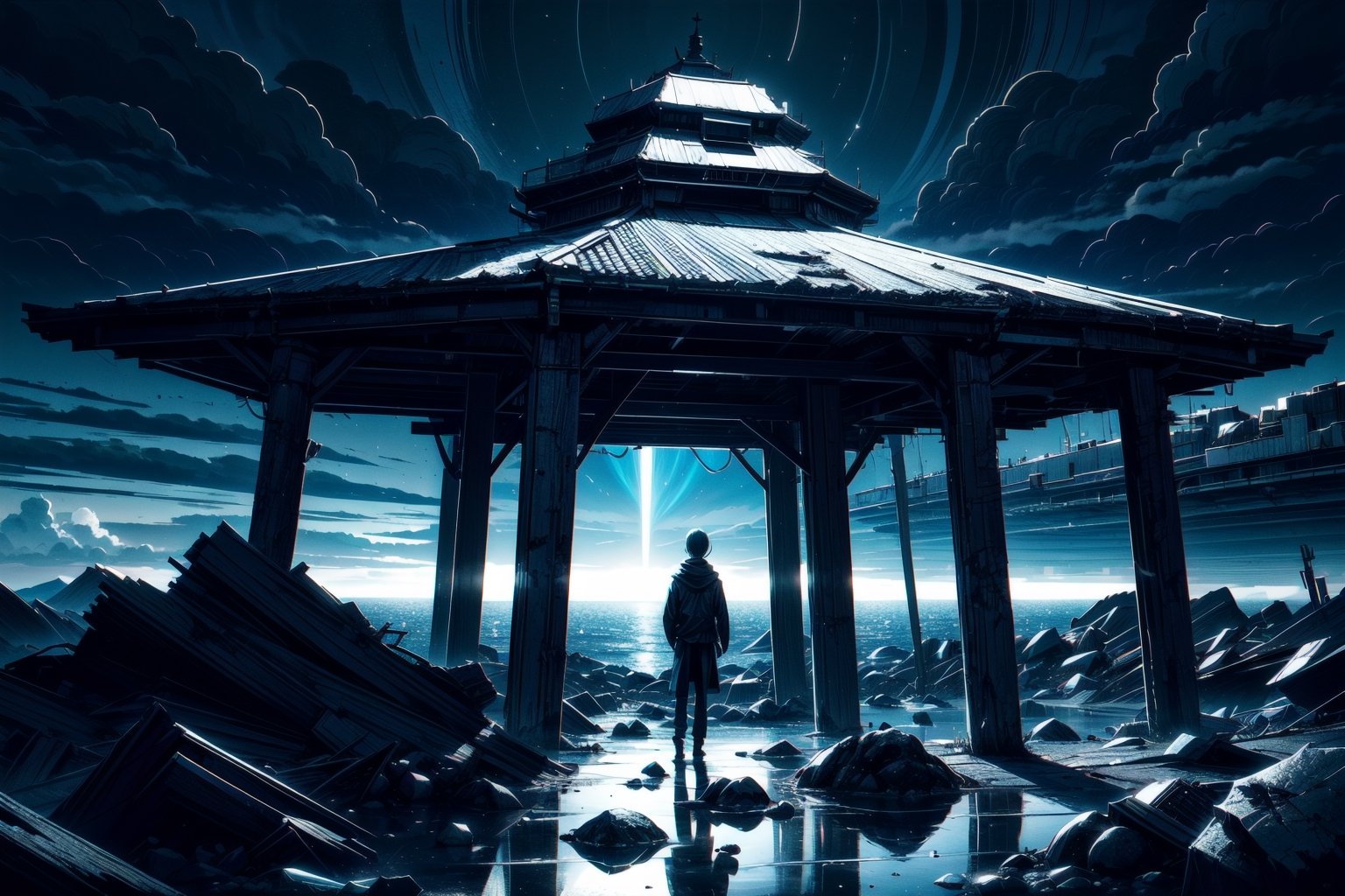 A desolate and dreary landscape,  engulfed in a perpetual twilight that seems to drain all color from the world. The sky i...