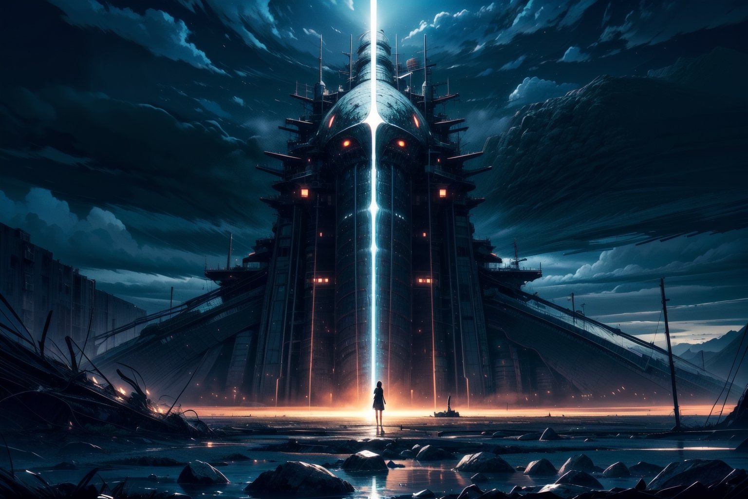 A desolate and dreary landscape,  engulfed in a perpetual twilight that seems to drain all color from the world. The sky i...