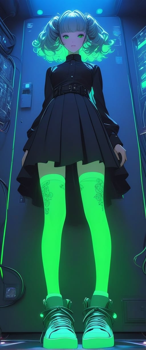 STICKER ON A WHITE BACKGROUND. green holographic silhouette, knee socks. I'm standing in a room with holograms. anime waifu. Stylish. Cute, hot, shiny. Highly detailed uhd anime wallpaper, cel digital animation

,neon photography style,ct-jeniiii,noir