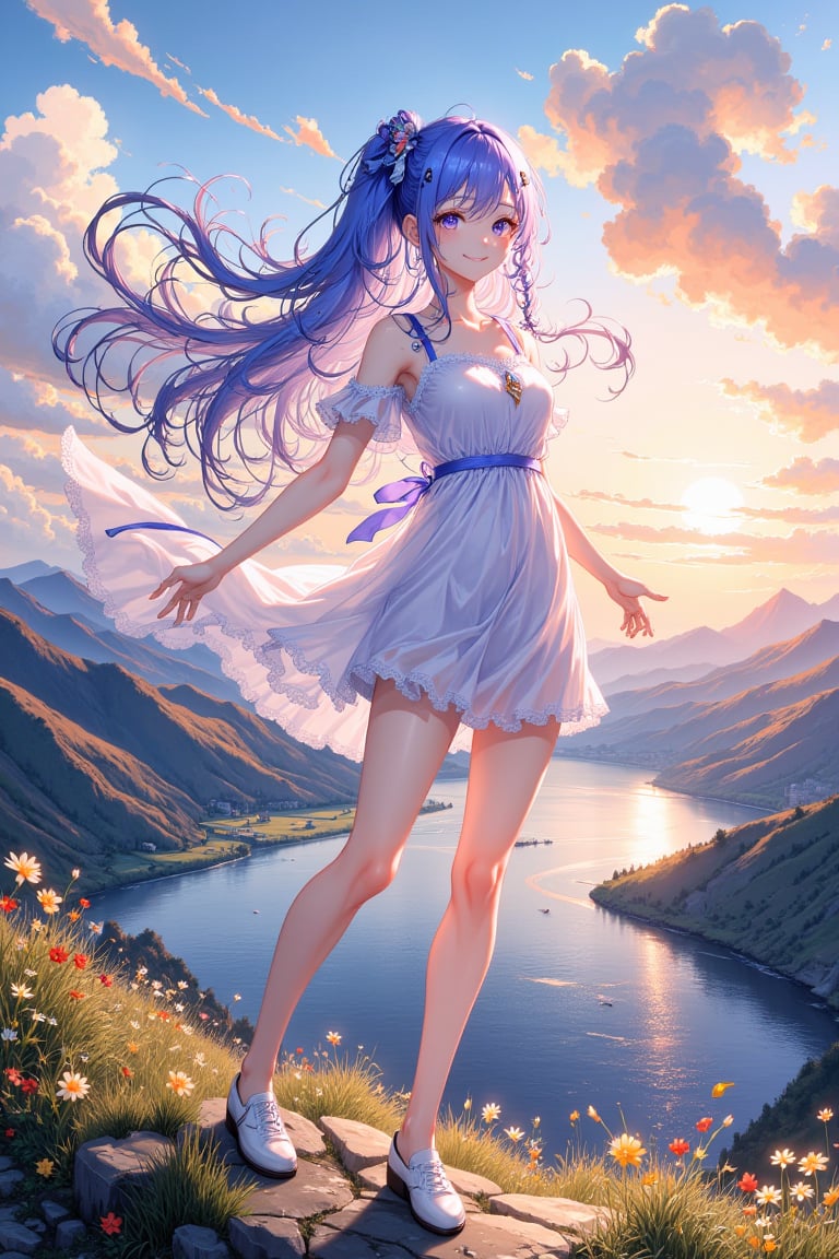 On the edge of a breathtaking ridge, a blue haired anime woman stands gracefully, her ethereal figure enveloped in a flowing, see-through sundress that dances with the gentle breeze. The fabric, sheer and delicate, glimmers in the warm sunlight, revealing soft hints of her silhouette while cascading elegantly down to her knees. Her long, cascading hair, vibrant and silky, catches the wind, fluttering like a banner of sunset hues that range from fiery orange to deep lavender. The scene is set against a backdrop of rolling hills, lush and vibrant with a patchwork of green and gold, sprinkled with wildflowers that sway gently under the blue sky. Fluffy white clouds drift lazily above, their reflections capturing the soft light of an approaching evening. Below the ridge, a winding river sparkles like a ribbon of diamonds, its soothing sound merging with the rustle of leaves and the distant call of a songbird, evoking a peaceful melody. Her expression is a mix of serene contemplation and joyful wonder, as though she is basking in the beauty of the moment. The sun is beginning its descent, painting the sky in a breathtaking palette of pinks, oranges, and purples, casting a warm, golden hue on her skin. Tiny beads of sweat glisten on her brow, a testament to the warmth of the day and the thrill of being so close to nature's splendor. Around her, the air is enriched with the sweet fragrance of blooming flowers and fresh grass, creating an enchanting atmosphere that feels both vibrant and alive.