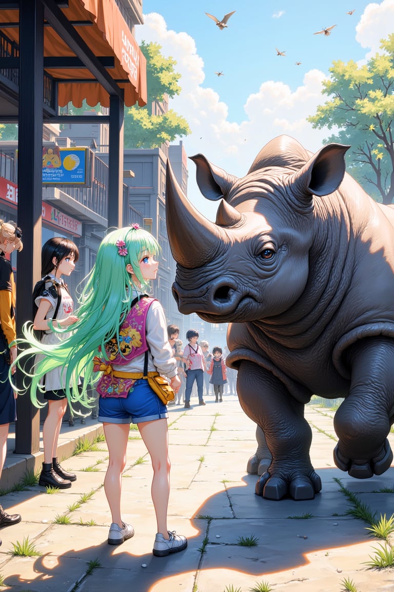 In a vibrant, bustling zoo alive with the sounds of excited children and the distant calls of exotic animals, a green-haired anime girl stands wide-eyed, captivated by the magnificent rhinoceros before her. Clad in a colorful, casual outfit adorned with whimsical patterns, she watches intently as the massive creature, with its thick, armor-like skin glistening under the warm sun, saunters leisurely in its spacious enclosure. The air is thick with the earthy scent of straw and fresh grass, mingling with the sugary aroma of cotton candy from nearby vendors. Around her, families laugh and point at playful meerkats while the cheerful chatter of visitors fills the space, but her attention is solely focused on the rhinoceros. She leans closer to the glass barrier, her vivid green hair swaying gently in the warm breeze, as she feels a swell of awe and curiosity. The rhino's enormous, formidable horn stands proudly, contrasting against its large, rounded body, and she can see the tiny flies buzzing near its ears, highlighting the creature's sheer size. Her heart races with wonder, and a soft smile unfolds on her lips, embodying the childlike joy of discovering the natural world. In this moment, time feels suspended, allowing her to share a silent connection with the gentle giant before her.