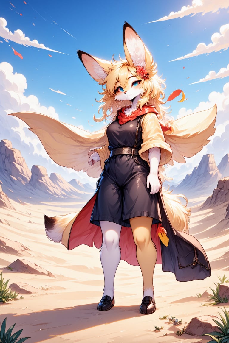 In the vast expanse of the sun-drenched desert, a spirited nomadic fennec furry girl stands atop a windswept dune, her soft, sandy-colored fur shimmering like gold in the bright sunlight. Her large, expressive ears twitch playfully, capturing the distant sounds of the shifting sand and the faint rustle of lizards scurrying beneath her feet. Clad in light, flowing garments that flutter gently in the warm breeze, she embodies the essence of freedom and adventure. The vibrant reds and oranges of her clothing contrast beautifully with the deep blue sky above. Around her, the desert is a tapestry of shifting hues, where ripples in the sand create mesmerizing patterns that stretch endlessly toward the horizon. A few scraggly tufts of resilient desert grass break the monotony, their stubborn green a testament to survival. As the sun begins its descent, the sky ignites with streaks of vivid pinks and purples, transforming the landscape into a magical oasis of color. She crouches down to examine a delicate wildflower that has bravely bloomed in this arid environment, a symbol of hope and resilience. Her heart swells with a sense of wonder, as she briefly closes her eyes to bask in the warmth of the sun on her face and the refreshing scent of the warm earth. The air is infused with the faint aroma of sun-baked sand, mingling with a subtle sweetness from the occasional flowering desert plant. In this serene moment, the fennec furry girl feels connected to the vastness around her, embodying the spirit of exploration and the love for her untamed home. She prepares to continue her journey across the desert, eager to discover what secrets lie beyond the next dune.,AFG,anthro, furry, fluxxy, fluffy