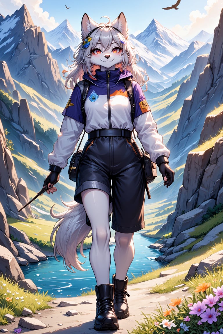 In the vibrant heart of a rugged mountain landscape, a striking portrait captures an AFG furry anthro wolf girl as she embarks on a thrilling trek. Clad in a snug, weather-resistant jacket adorned with patches of various hiking trails, she harnesses both style and functionality. Her thick, plush fur is a dazzling blend of silver and charcoal grey, glimmering like polished stone under the bright sun, with accents of warm russet framing her expressive face. As she strides confidently over the rocky terrain, the girl’s keen amber eyes, filled with a blend of determination and excitement, scan the breathtaking panorama before her. Jagged peaks rise majestically, their snow-capped summits glistening like diamonds against the azure sky, while a cascading stream gurgles nearby, its crystal-clear waters sparkling in the sunlight. With each step, the girl feels the crunch of gravel and dirt beneath her sturdy hiking boots, a grounding contrast to the ethereal beauty surrounding her. Wisps of wildflowers peek through the uneven ground, painting the scenery with splashes of vibrant yellows, purples, and whites, and filling the air with their sweet, earthy fragrance. The crisp mountain breeze ruffles her fur and carries with it the exhilarating scent of pine and fresh earth. Above, the sound of distant eagles gliding through the air adds a symphonic backdrop to her adventure, while the gentle rustle of leaves whispers secrets from the trees. In this harmonious wilderness, a profound sense of freedom envelops her, inviting both exploration and self-discovery as she treks onward, driven by an insatiable spirit of adventure.