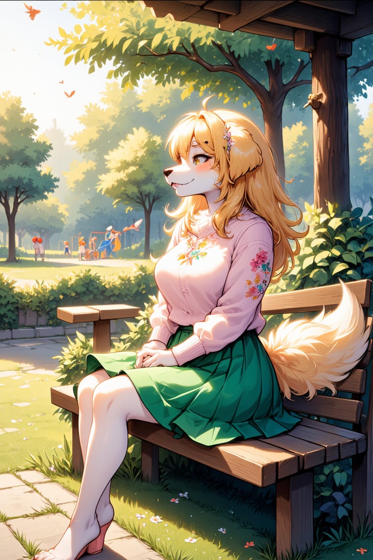 In a lively park bathed in the warm glow of the afternoon sun, a charming anthro female furry golden retriever perches gracefully on a weathered wooden bench. Her soft, golden fur glistens under the sunlight, giving her an almost ethereal glow. Dressed in a cozy, knitted pastel sweater adorned with delicate floral patterns, she exudes warmth and comfort. Below, a cheerful, flared skirt in vibrant shades of green sways gently as a soft breeze rustles through the nearby trees, their leaves shimmering like emeralds. Around her, the park is alive with vibrant energy; children’s laughter bubbles up from a nearby playground, and the faint rustling of leaves creates a soothing backdrop. The sweet scent of blooming flowers mingles with the fresh aroma of the grassy earth, eliciting a sense of serenity. She gazes out at the scene with bright, expressive eyes filled with contentment, occasionally glancing at the colorful birds flitting about in the trees, their chirps adding to the symphony of nature. A gentle breeze tousles her fur, inviting a playful smile to dance across her lips as she enjoys the perfect afternoon.AFG,