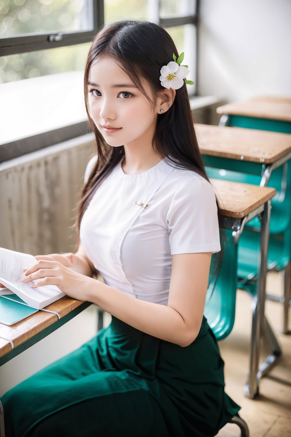 a girl, 25 years old, wearing Myanmar Teacher outfit, Sitting on the chair in front of table in the Classroom, perfect fingers, Beautiful face, beautiful breasts, Perfect amazing body, full body, wearing slipper, Classroom background, Flowers Pot, DOF, Bokeh, Realistic, 64k, Detailed, Openbook on table