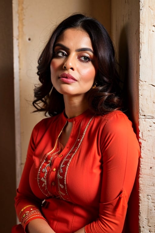 Busty woman wearing salwar suit, slwrsut, curly hairs, traditional patterns,busty, ((close up portrait)), seductively posing, leaning against wall,, (minimalistic interiors), (masterpiece:1.2), (high resolution:1.3), (insane quality:1.4), (flawless composition:1.5), nikon 35 mm prime lens, full frame dslr camera
,slwrsut