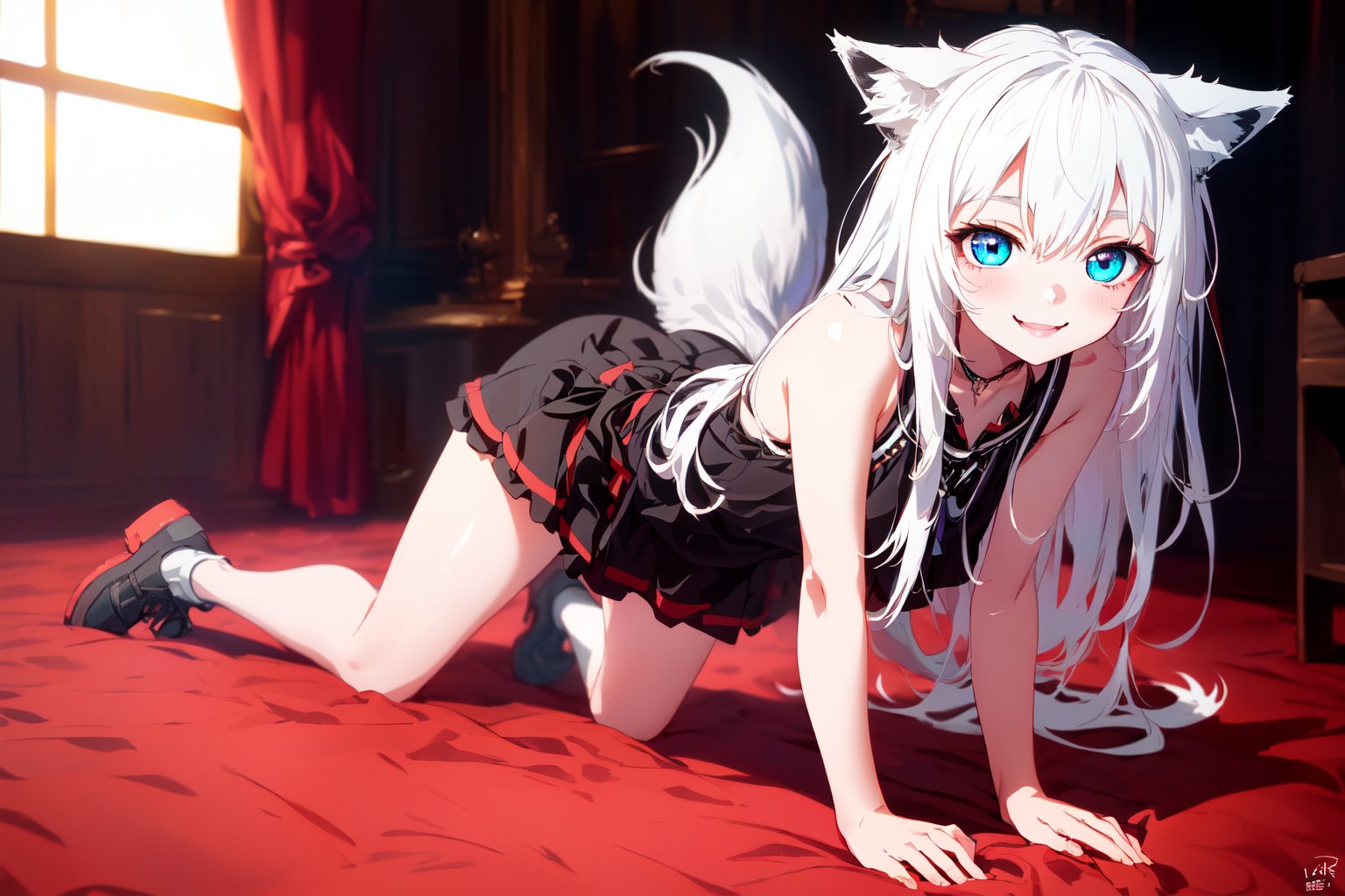 ultra epic HD, photorealistic, cinematic, (masterpiece, best quality:1.15), (1girl, solo, loli), wolf ears, perfect beautiful eyes, white hair, smile, (full body), ((cute, adorable)), 