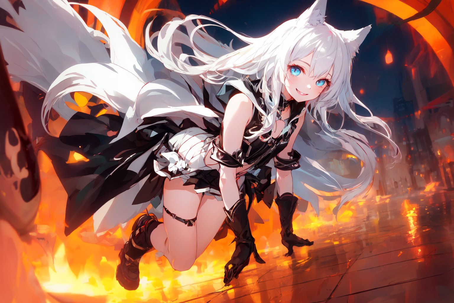 ultra epic HD, photorealistic, cinematic, (masterpiece, best quality:1.15), (1girl, solo, loli), wolf ears, perfect beautiful eyes, white hair, smile, (full body), ((cute, adorable)), 