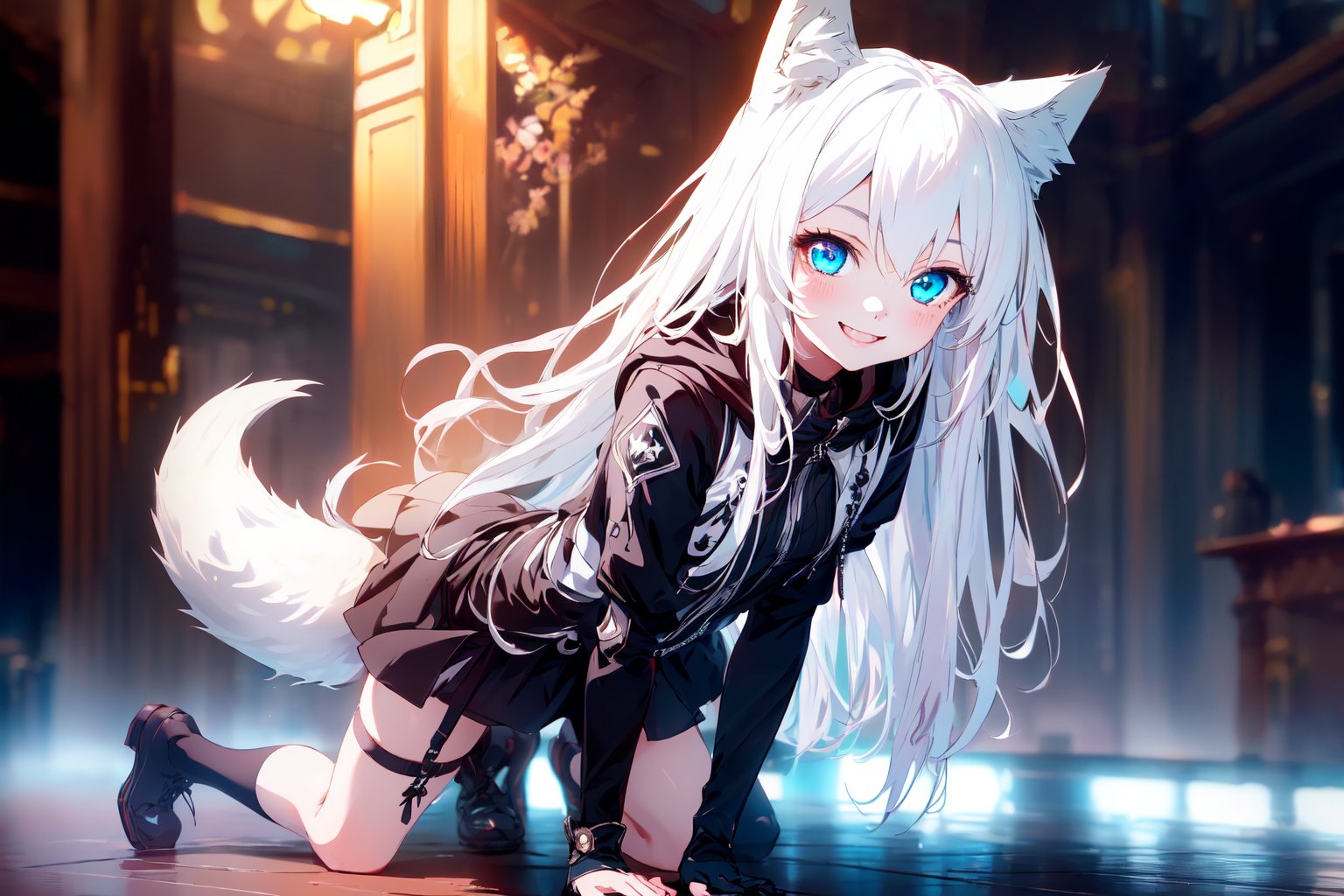 ultra epic HD, photorealistic, cinematic, (masterpiece, best quality:1.15), (1girl, solo, loli), wolf ears, perfect beautiful eyes, white hair, smile, (full body), ((cute, adorable)), 