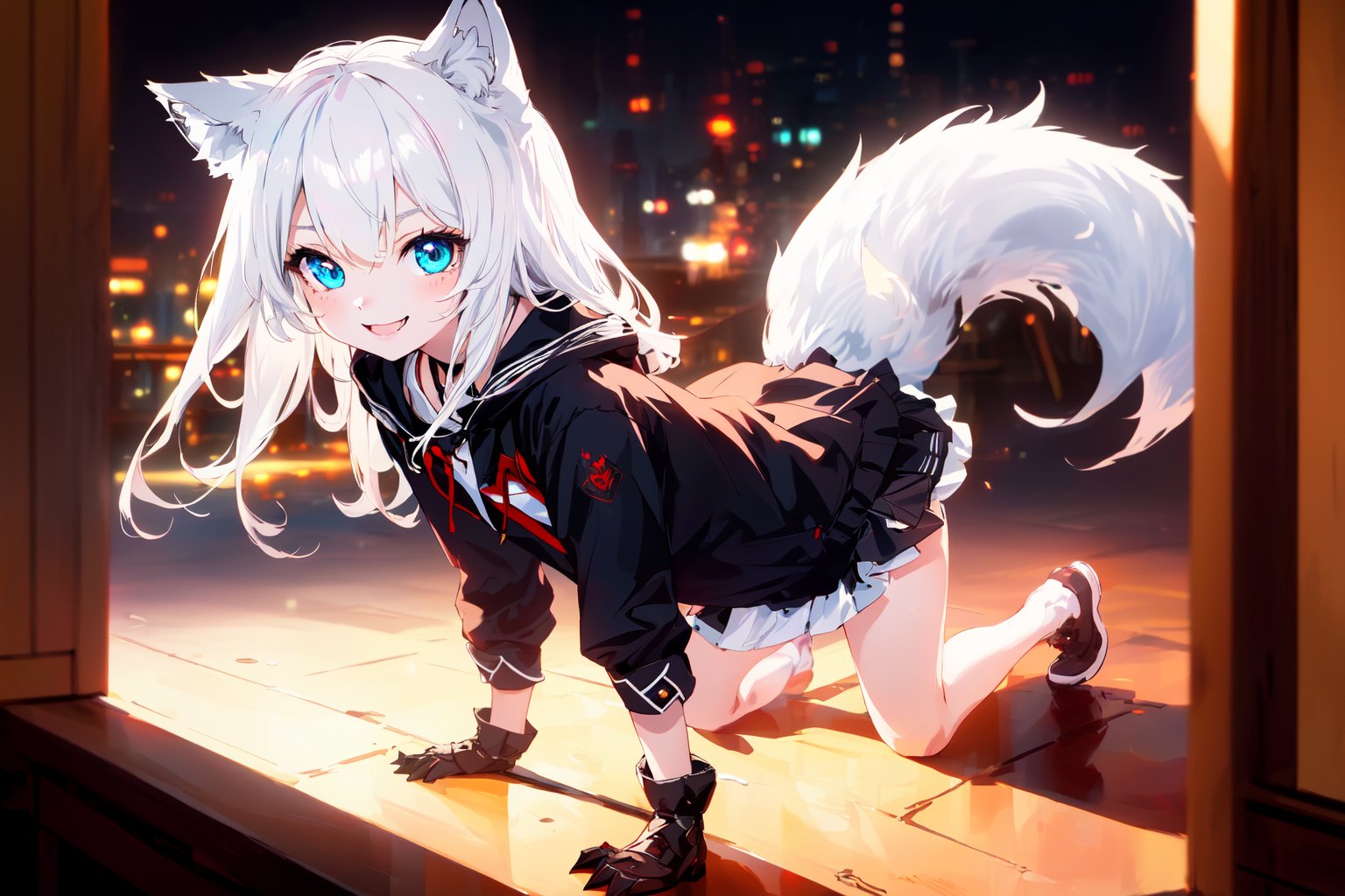 ultra epic HD, photorealistic, cinematic, (masterpiece, best quality:1.15), (1girl, solo, loli), wolf ears, perfect beautiful eyes, white hair, smile, (full body), ((cute, adorable)), 