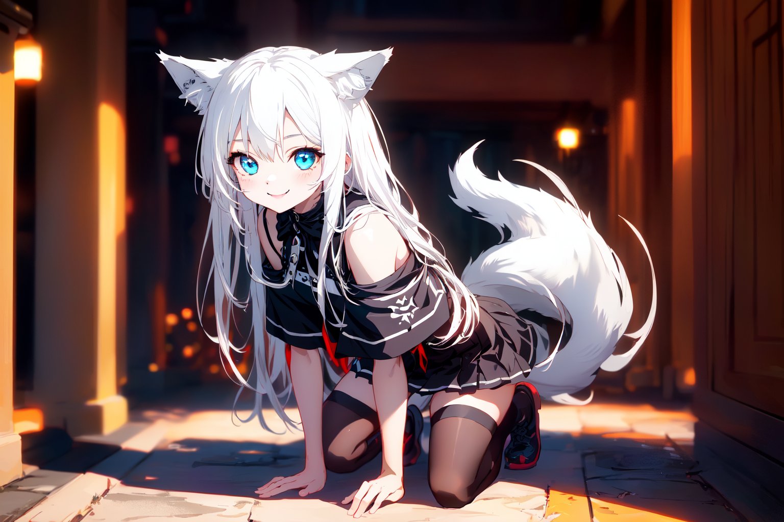 ultra epic HD, photorealistic, cinematic, (masterpiece, best quality:1.15), (1girl, solo, loli), wolf ears, perfect beautiful eyes, white hair, smile, (full body), ((cute, adorable)), 