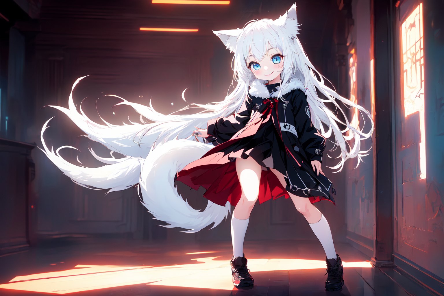 ultra epic HD, photorealistic, cinematic, (masterpiece, best quality:1.15), (1girl, solo, loli), wolf ears, perfect beautiful eyes, white hair, smile, (full body), ((cute, adorable)), 