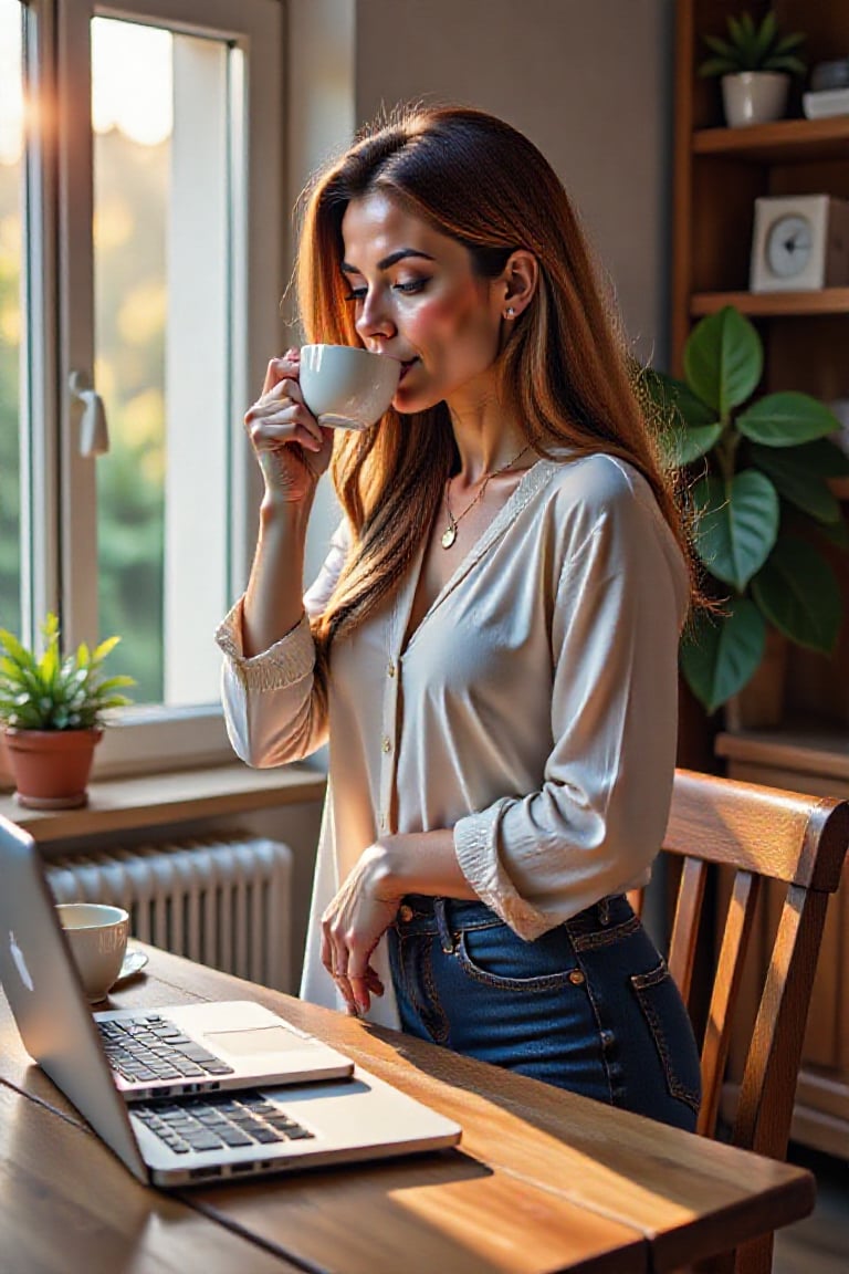 A long-haired woman standing slightly bent at a table in a cozy living room. Soft natural light filters through nearby win...