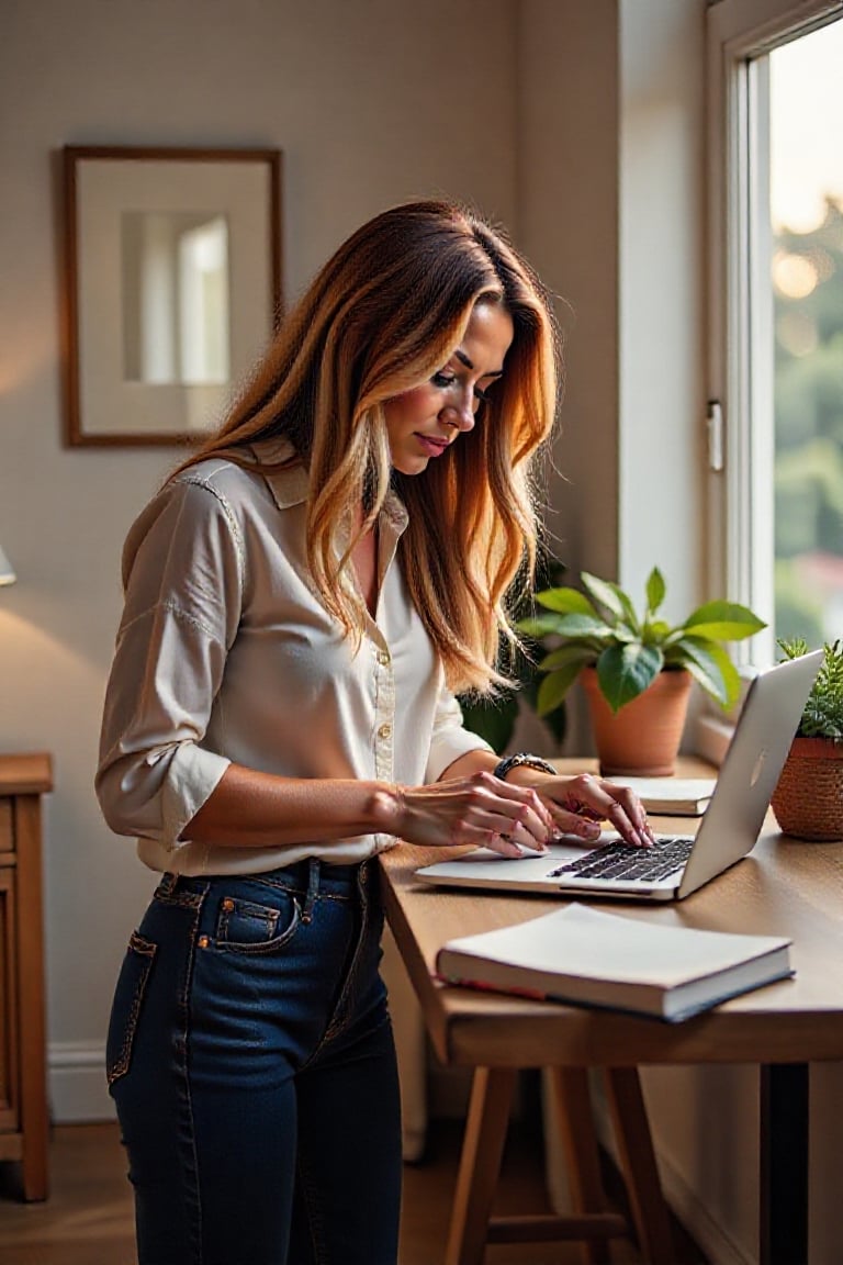 Create a detailed scene of a long-haired woman standing slightly bent over at a bar table in a cozy living room. Soft natu...
