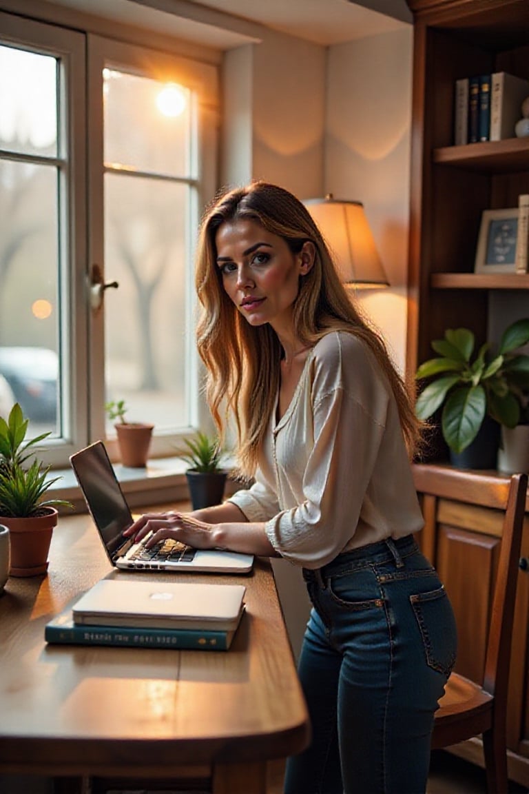 Create a scene of a long-haired woman standing slightly bent over at a bar table in a cozy living room. Soft natural light...