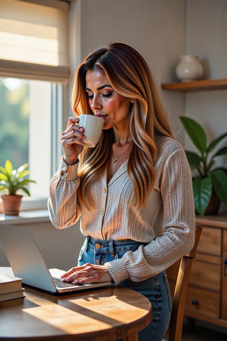 A long-haired woman standing slightly bent at a table in a cozy living room. Soft natural light filters through nearby win...