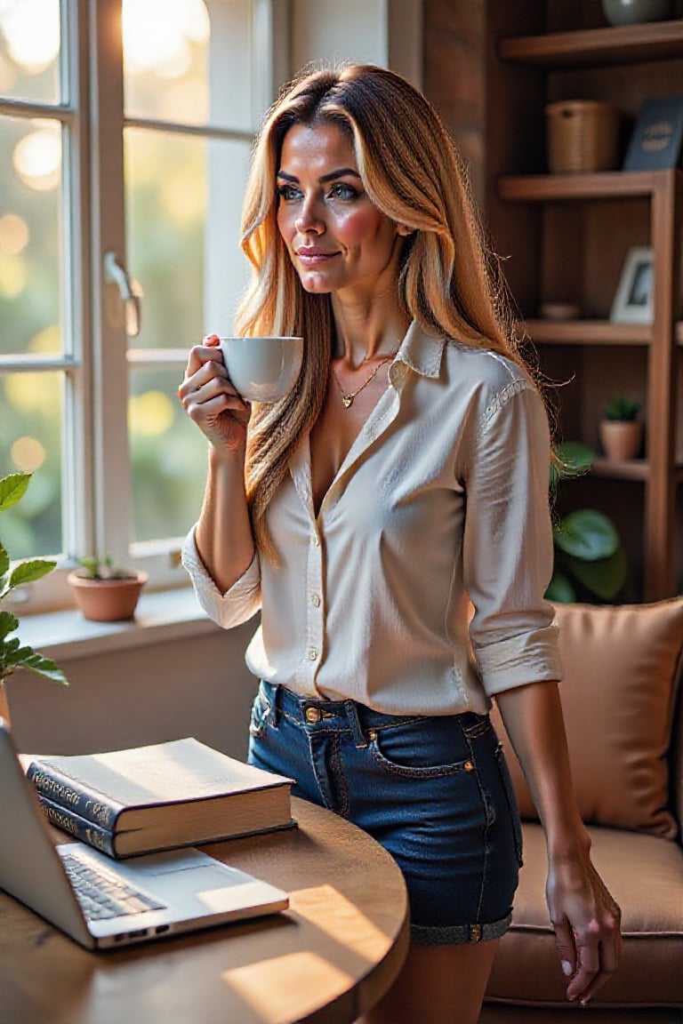 A long-haired woman standing slightly bent at a table in a cozy living room. Soft natural light filters through nearby win...