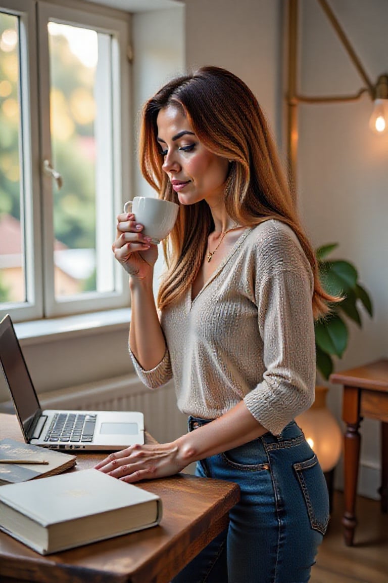 A long-haired woman standing slightly bent at a bar table in a cozy living room. Soft natural light filters through nearby...