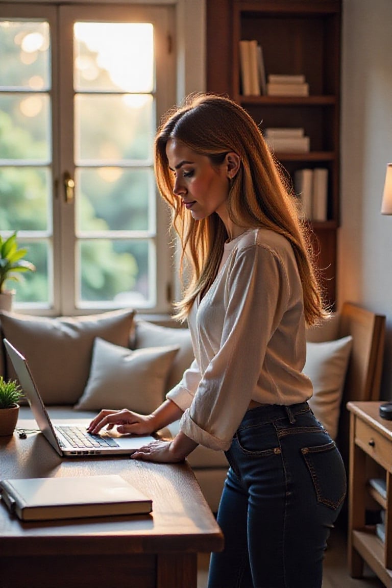 Create a scene of a long-haired woman standing slightly bent over at a bar table in a cozy living room. Soft natural light...
