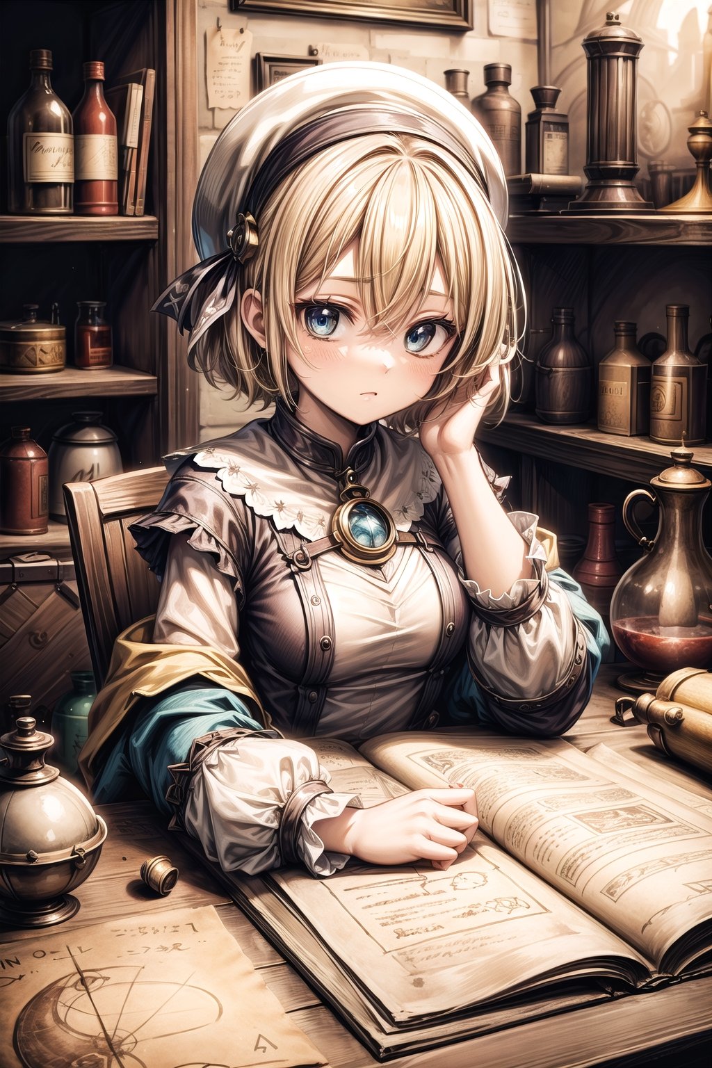 A girl alchemist with blonde short hair,renaissance_alchemist_studio