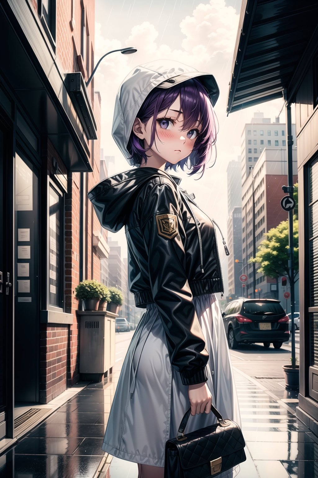 1girl, solo, looking at viewer, blush, short hair, bangs, black hair, long sleeves, dress, holding, hair between eyes, closed mouth, standing, jacket, purple hair, sidelocks, outdoors, open clothes, sky, cloud, hood, bag, white dress, open jacket, black jacket, grey eyes, umbrella, hood down, plant, building, rain, shoulder bag, holding umbrella, city, potted plant, transparent, lamppost, transparent umbrella