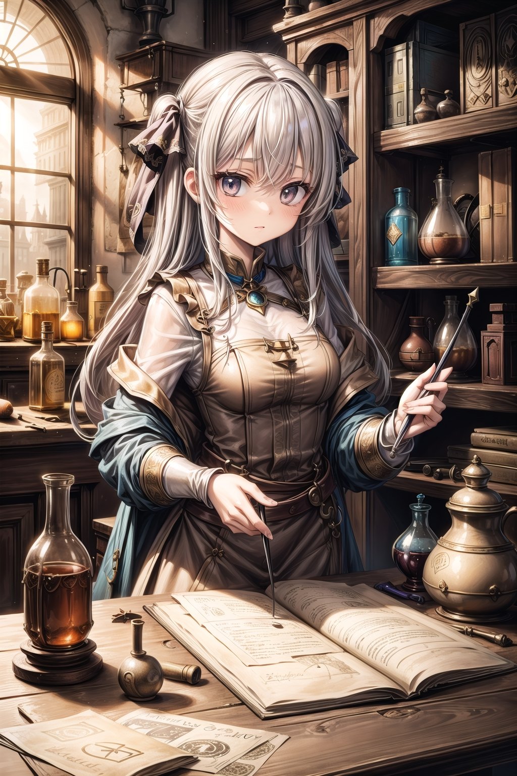 A girl alchemist with white hair,renaissance_alchemist_studio