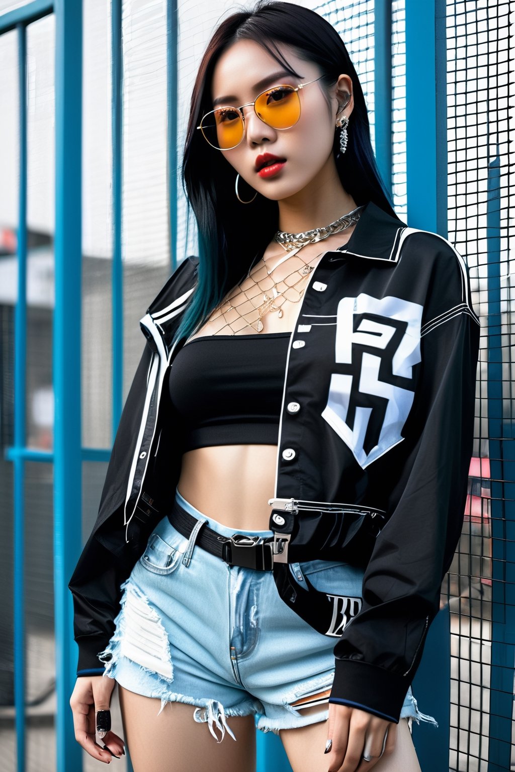 three different types of women in punk outfits with a backpack, official character illustration, dark moody monochrome colors, eboy, skinny waist and thick hips, top secret style photo, put on a mannequin, crosses, torn mesh, korean artist, website, casual clothing,,,,,,    a close up of a woman wearing a jacket and shorts, cl, transparent, sasoura, abs, medium long bob, instagram, very fashionable, transparent glasses, portrait 4 / 3, may, handsome girl, belly, noir, crop shirt and strong abs, nets, billboard, translucent material, multicolored, neck chains, choi, nas, stunning photoshotaraffe woman in a gym with a phone taking a picture, kpop star, booty shorts, yanjun chengt, influencer, long thin black hair, huge!!!, ice blue, huge juicy lips, hot petite, pedestal, holding axe, spunky