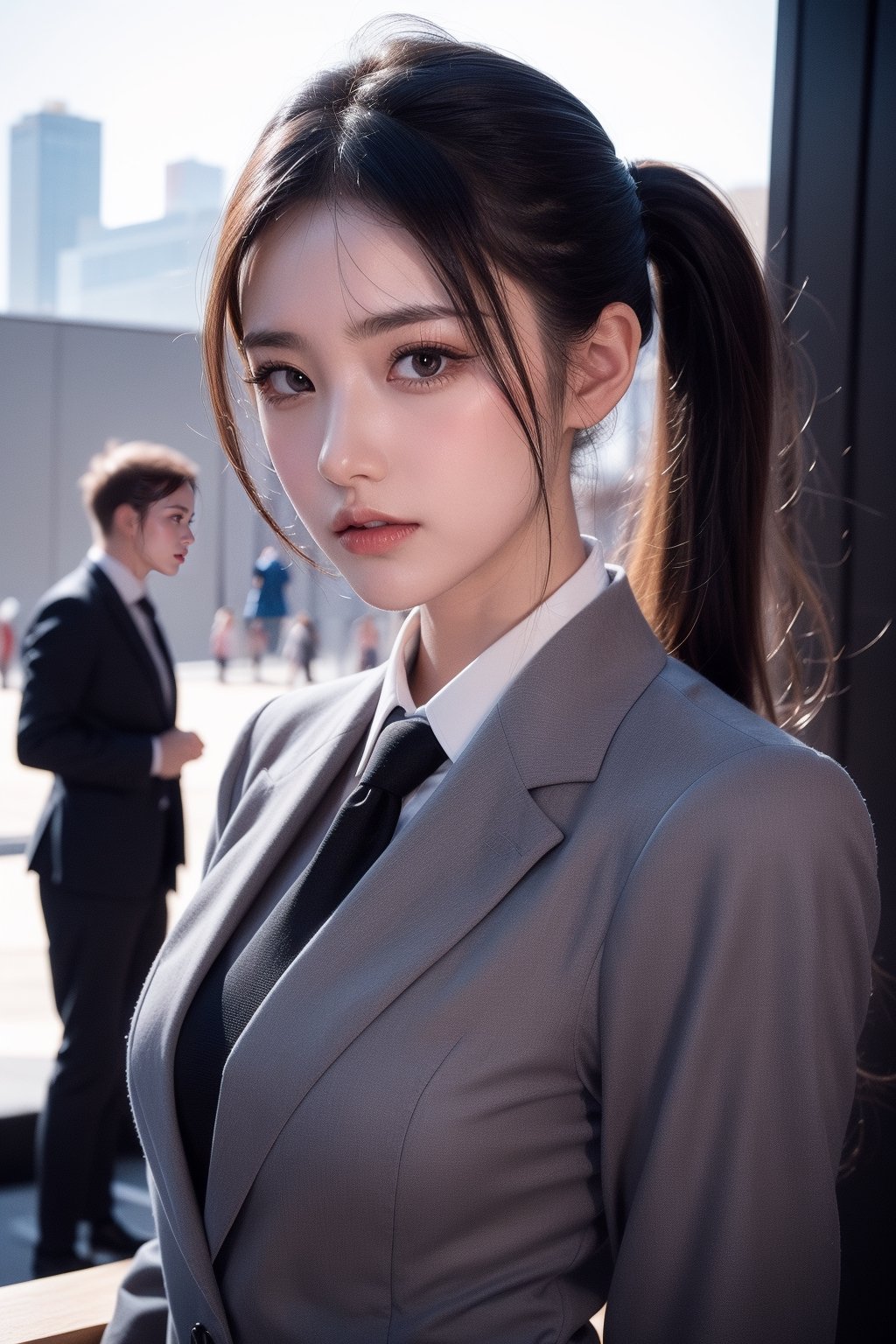 18 years of age Girl, professional office lady, (extremly long pony tail hair), (wearing gray office suit:1.2), exposure mix, medium shot, bokeh, (hdr: 1.4), high contrast, film, Realism, dynamic pose, dynamic view,  detailed modern office scene, (crowd:1.2), (view from front:1.4),

Office Lady ,1 girl