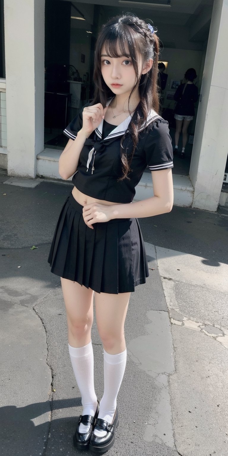 long hair, jewelry, 1girl, solo, looking at viewer, standing, full body,bottomless,masterpiece, ((blurry background)), :),masterpiece, school_uniform, high school, jk, summer,short top, serafuku, jump,
black mary jane shoes, white socks ,