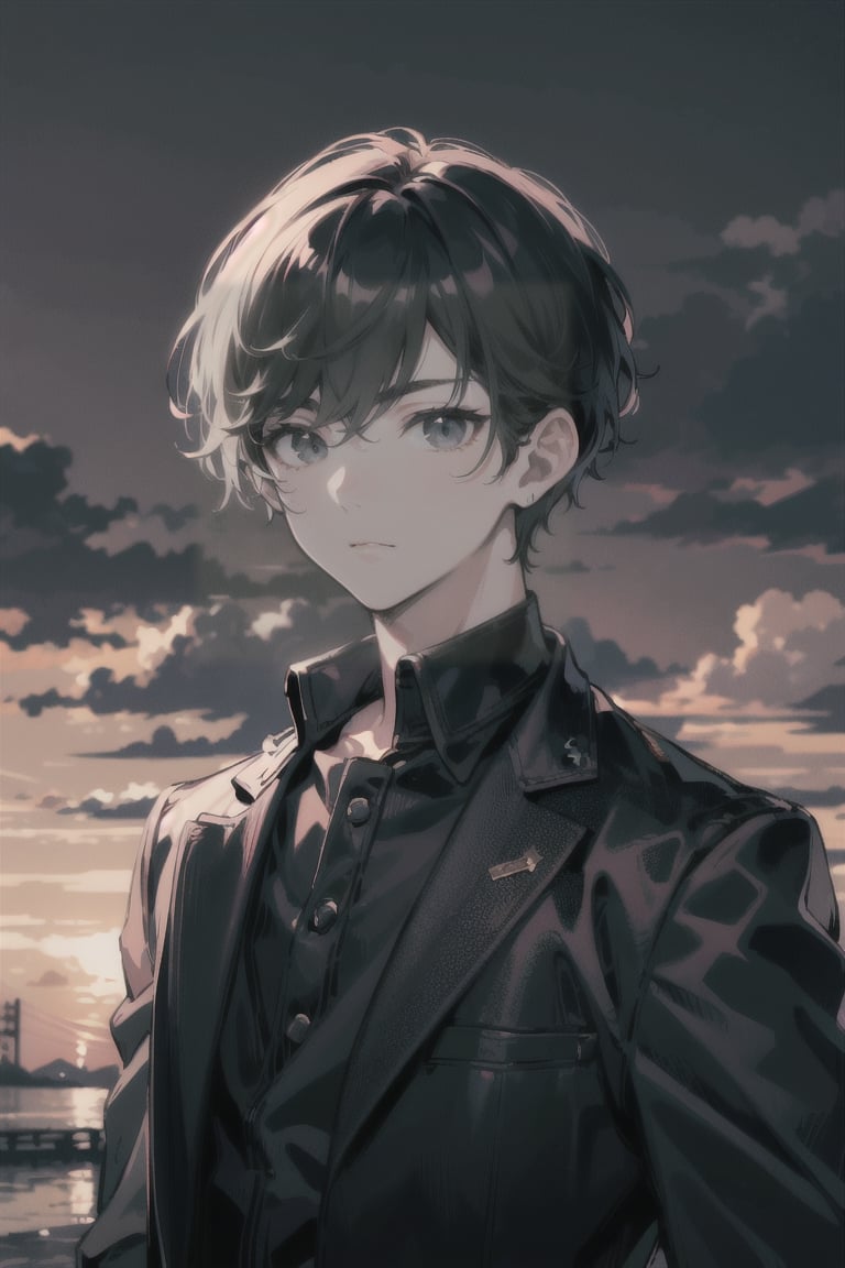 atmospheric scene, masterpiece, best quality, (detailed face, detailed skin texture, detailed hair colour, detailed hair ), (cinematic light: 1.1), High detailed, Color magic, 1male, full body, black hair, (black highlight: 1.1), (short hair, undercut), black eyes, pretty eyes, cute eyes,