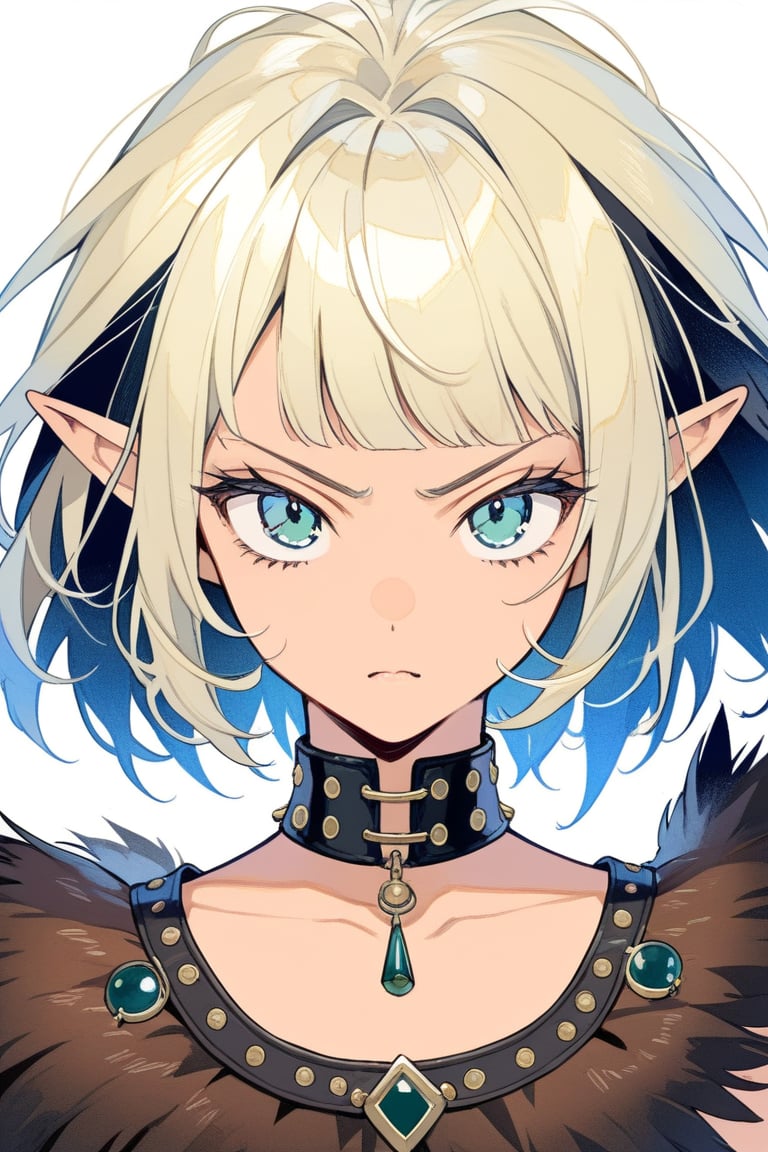 anime masterpiece, face portrait, 16 year old, cool female character, feral, young, agile, ashen blonde hair, messy pixie cut, tan skin, short pointy ears, dark blue eyes, cool elaborate feral primitive barbarian-like outfit, leather shirt, pelt skirt, jade and bone jewels, aboriginal piercings, furrowed brow, steadfast expression, neutral background, drawn in the style of masashi kishimoto