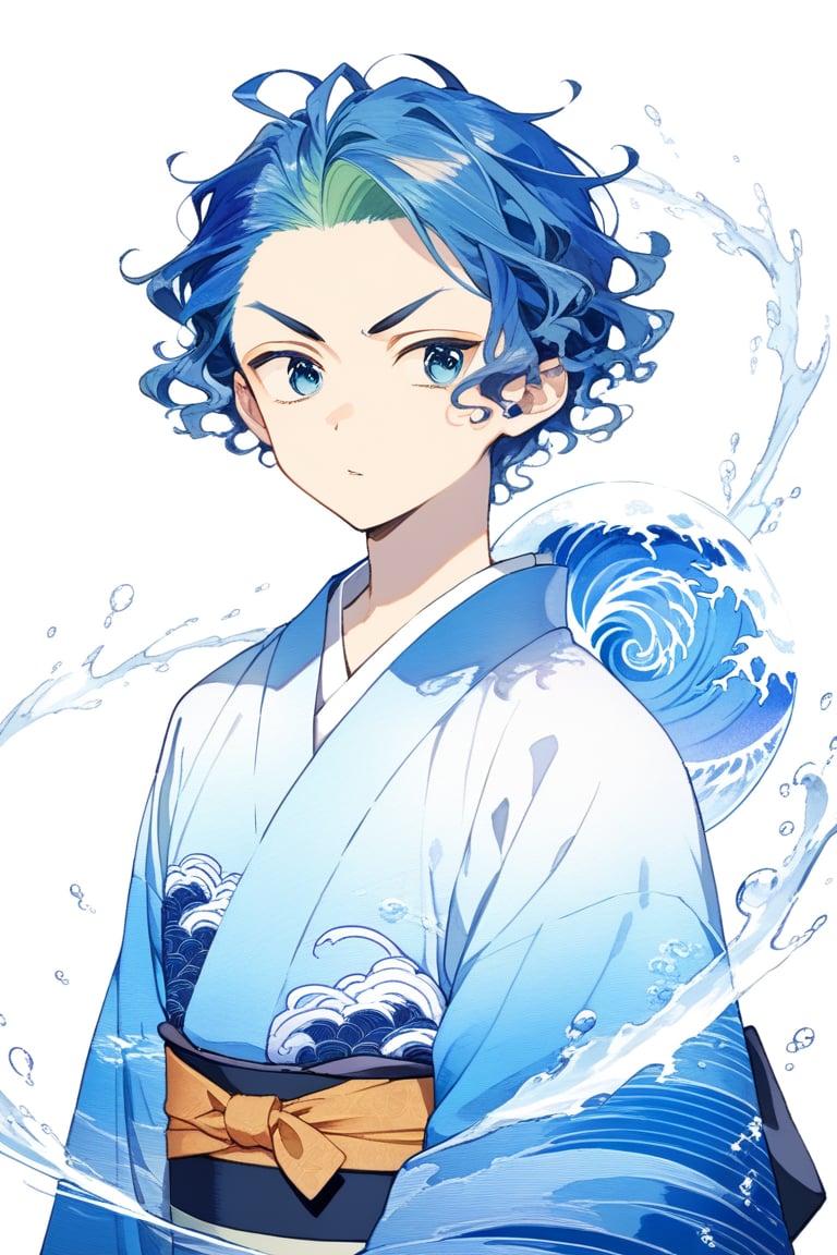 anime masterpiece, 14 years old, young boy, cool male character, stocky, ugly, absurd weird water-like globular blue hair, thin curly eyebrows, ice colored eyes, cool elaborate blue hue bubbly traditional japanese male kimono, calm reflexive expression, drawn in the style of masashi kishimoto