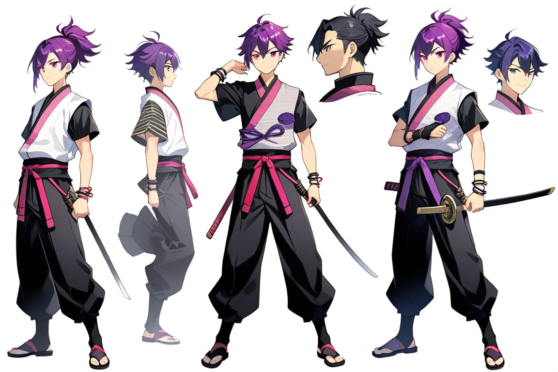 anime masterpiece, a 12 year-old boy, cool male anime protagonist, masculine, manly, boy, male, purple hair with short high male ponytail, expressive vivid magenta eyes, dressed in a black and white traditional japanese male warrior short-sleeved clothes, long black male ninja pants, long strip of black fabric used as a bracelet, slim build, agile, confident and clever, smile, full moon in the background, drawn in the style of masashi kishimoto, equipment sheet style, neutral background, drawn in the style of masashi kishimoto