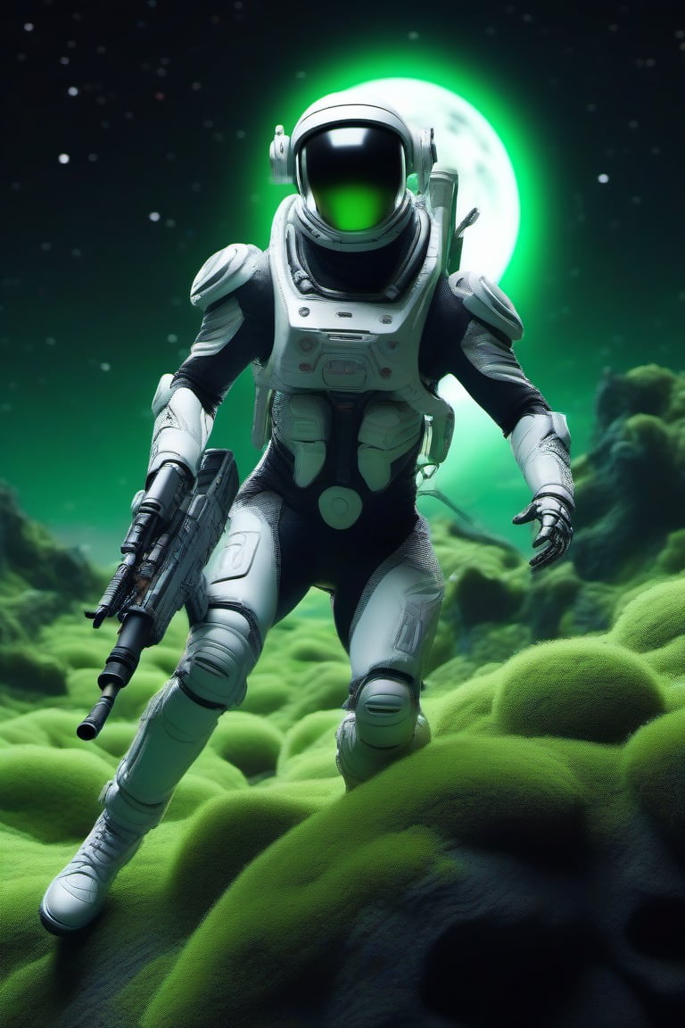 cyborg alien in a futuristic spacesuit gliding through mysterious moss green planet terrain with craters holding a gun,  u...