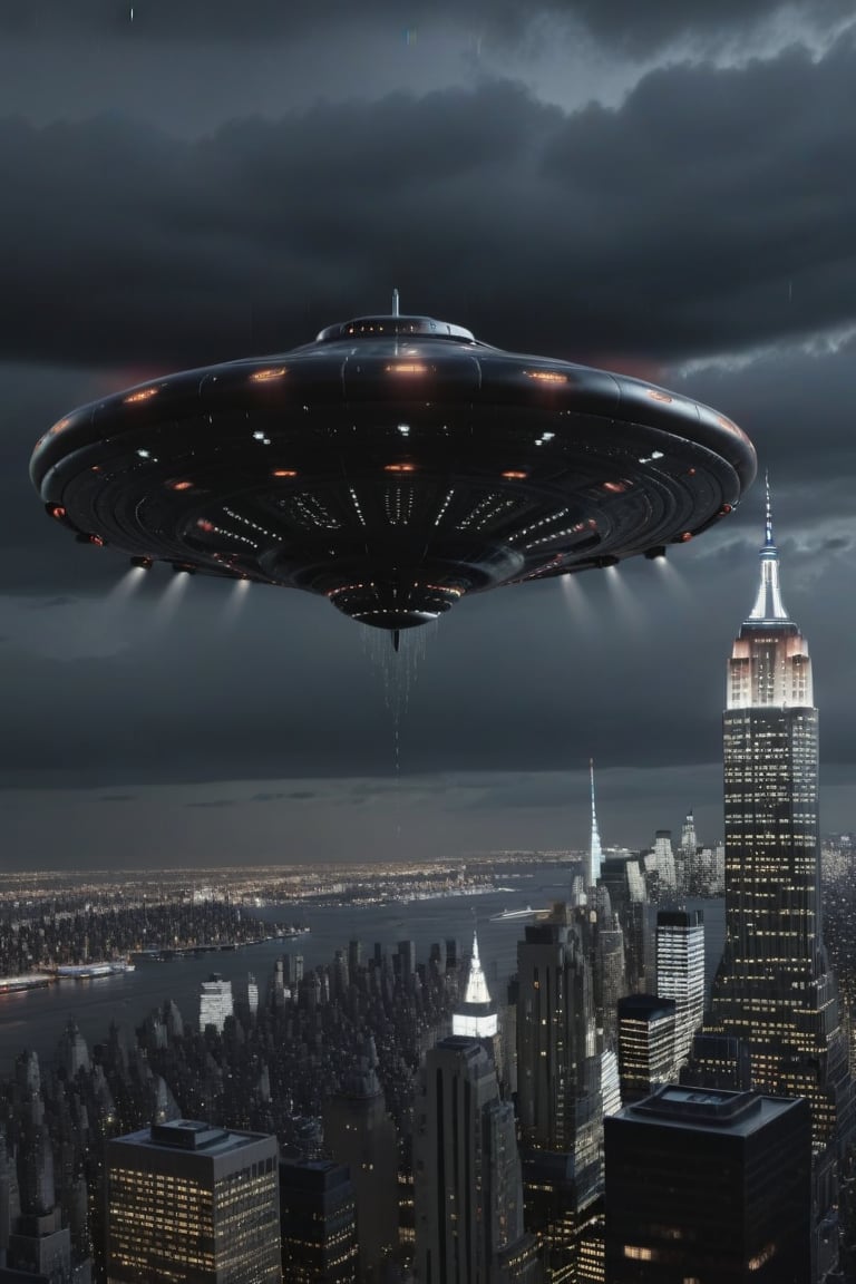 ultra realistic detailed alien ufo with lights and tinted windows metallic black color hovers high over new york city late...