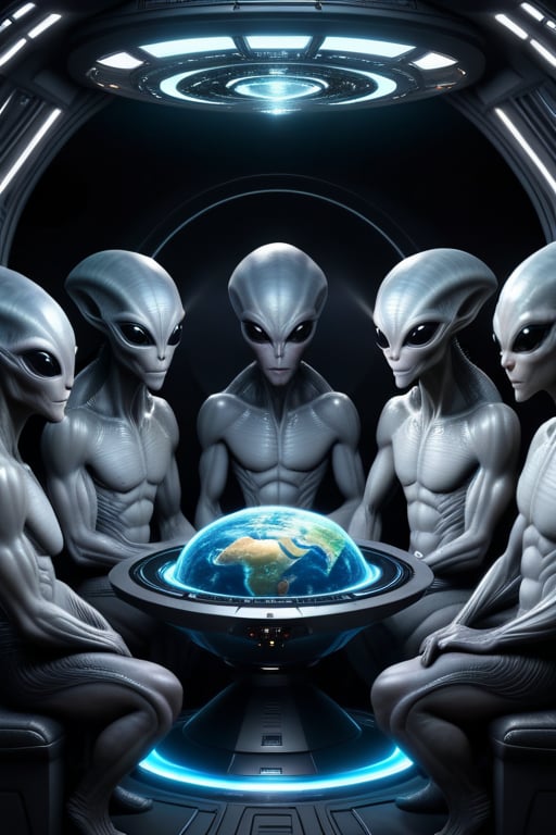 8k extremely detailed 3 grey aliens sitting in a circle watching holographic simulation of planet earth centered inside an...