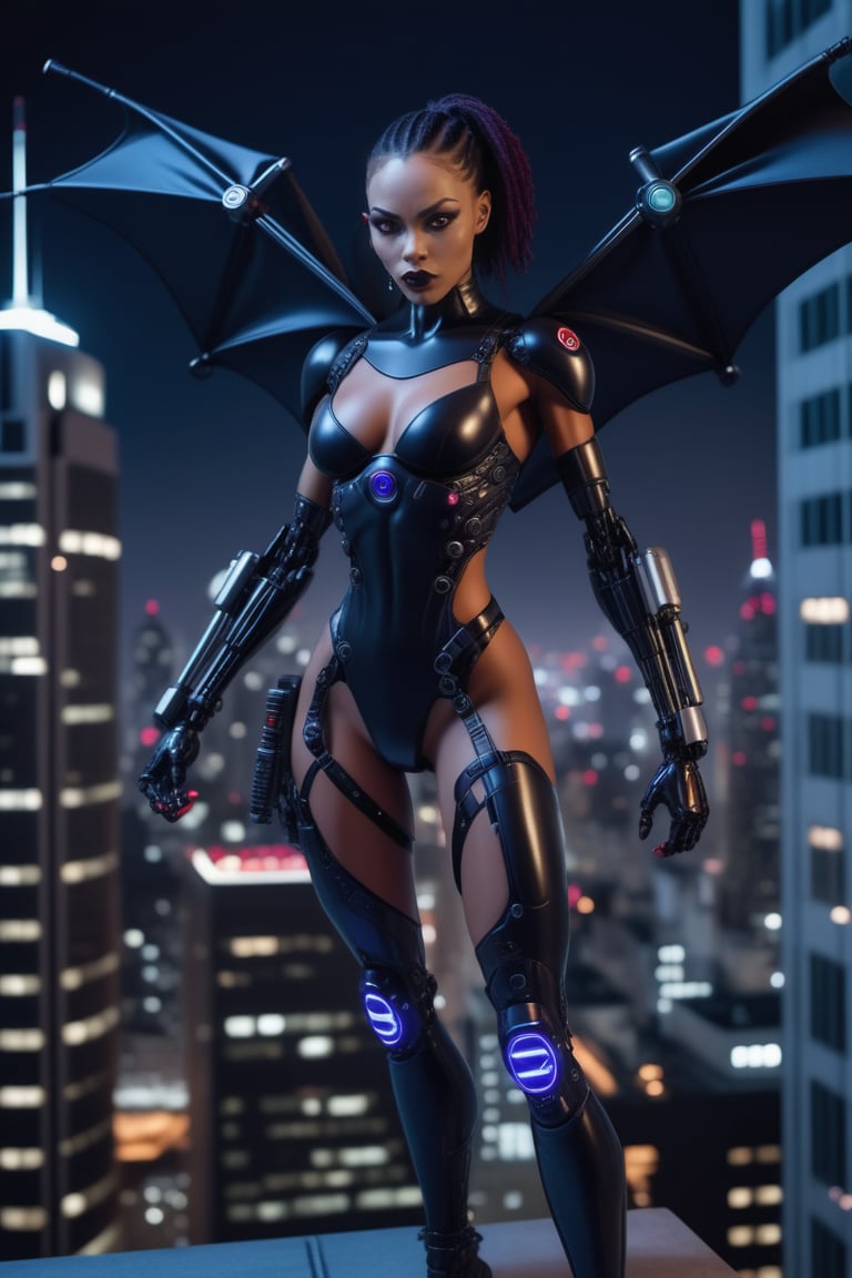 female mutant with a sexy body and huge detailed robotic wings on her back standing on the edge of a tall skyscaper building at night,beutiful glowing black light skin,cute look on model pretty face with vampire fangs.full body scale,very realistic hang glider leg positoning while in flight,titanium spear weapon in hand,dred loc hair,shooting lasers out of a gun,cyborg style,night optic eyes,nuclear warhead attached to wings,flying high above buildings,mouth slightly agape showing vampire fangs,cyborg